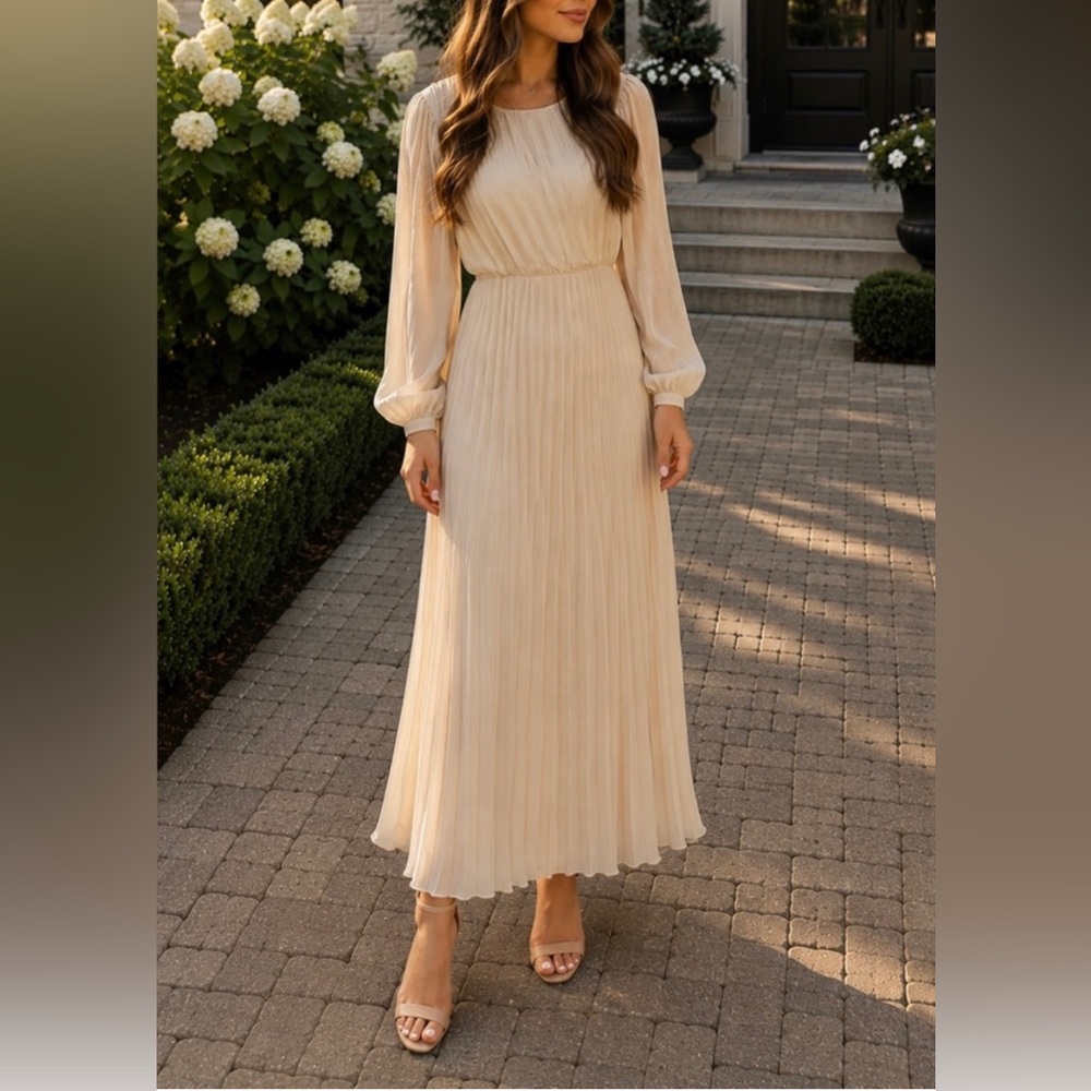ASOS Cream Pleated Long Sleeve Maxi Dress